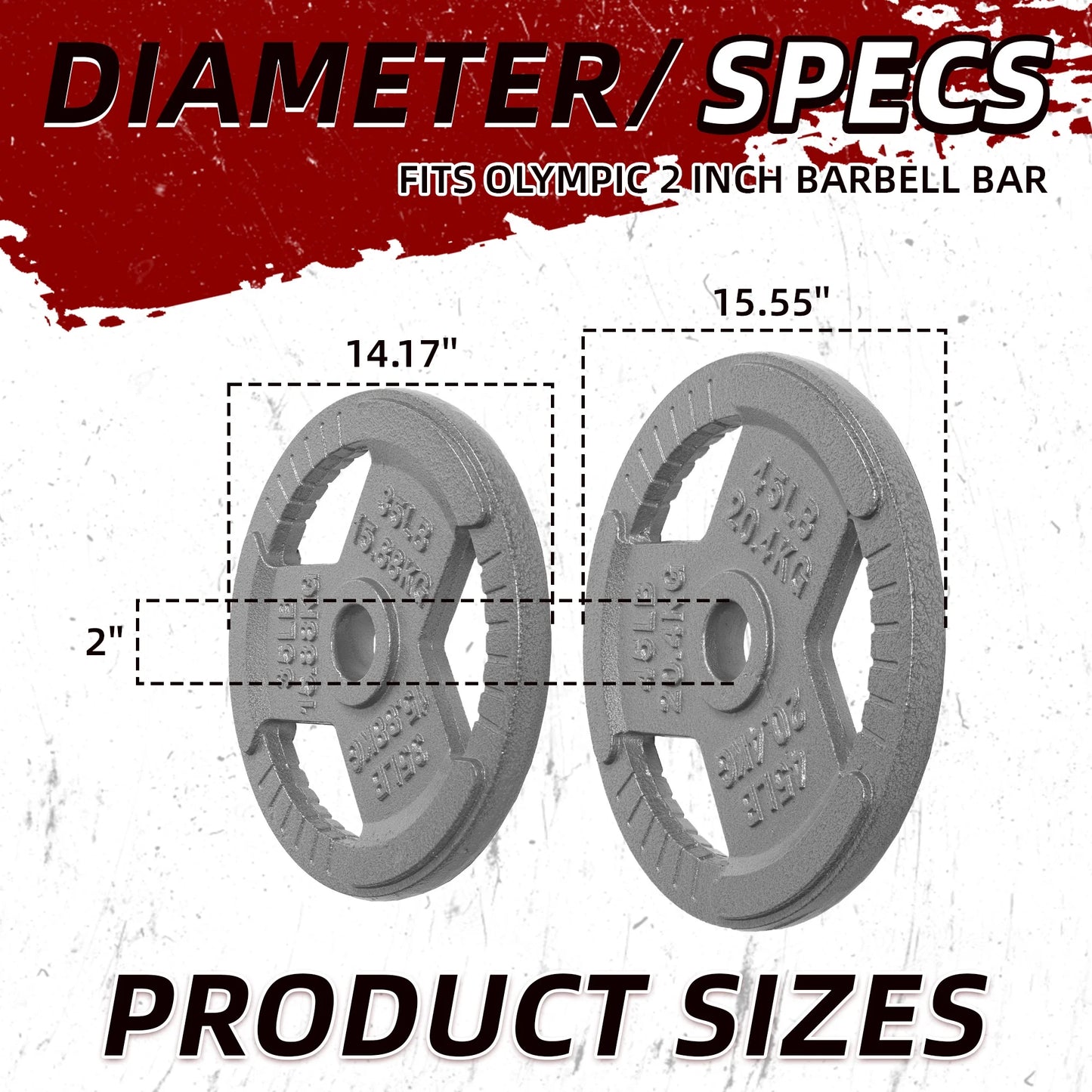 160LB Olympic 2" Cast Iron 3-Grip Weight Plates Set, Light Gray