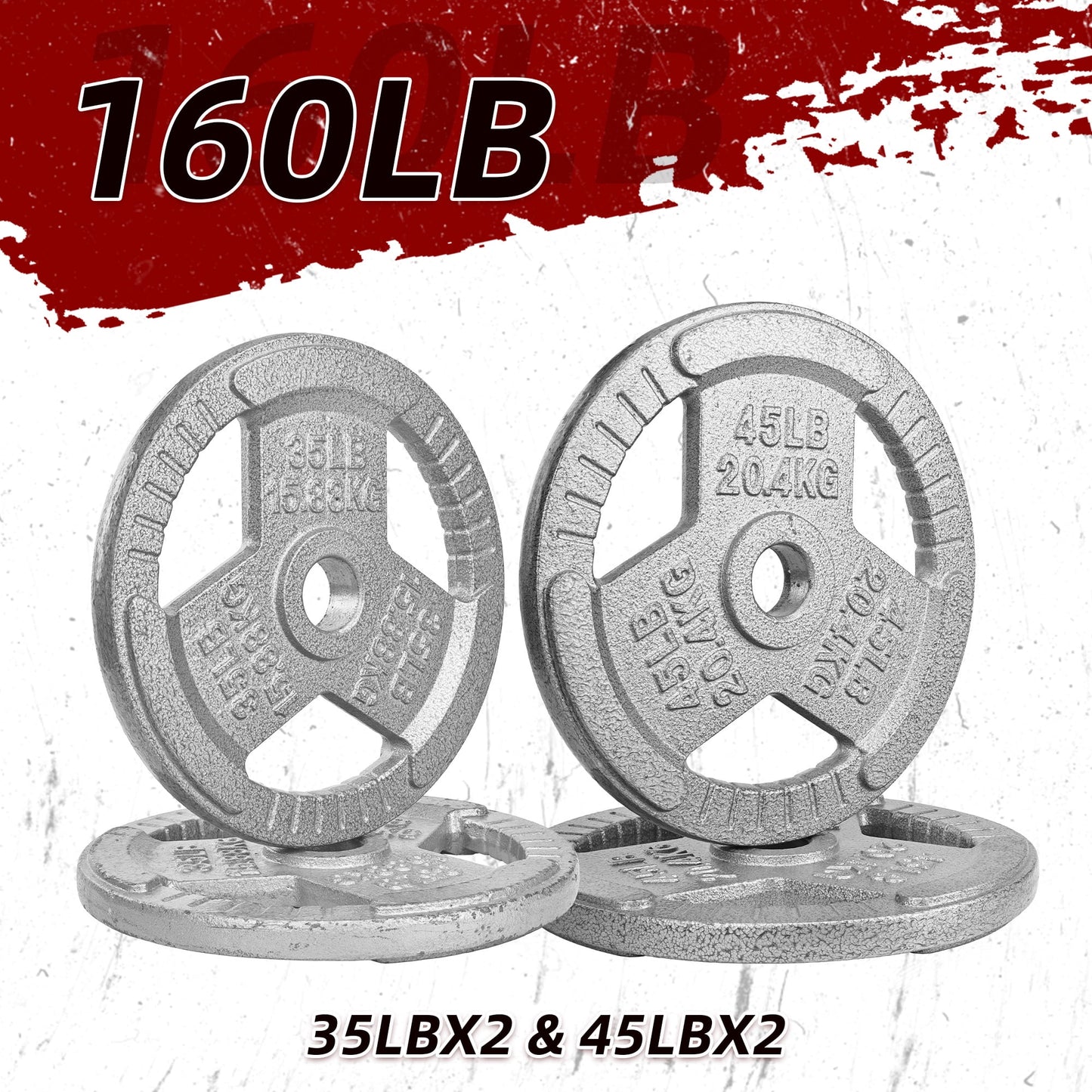 160LB Olympic 2" Cast Iron 3-Grip Weight Plates Set, Light Gray