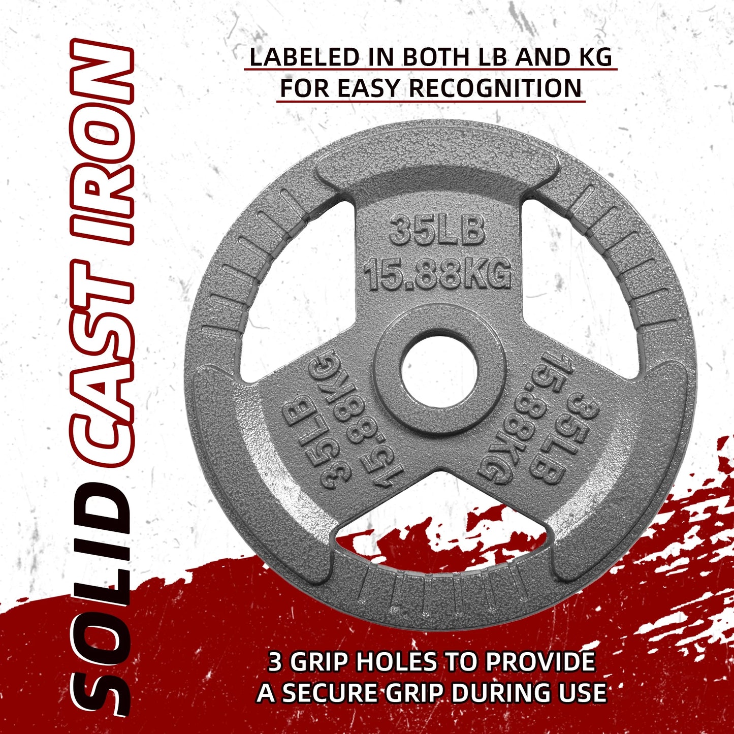 160LB Olympic 2" Cast Iron 3-Grip Weight Plates Set, Light Gray