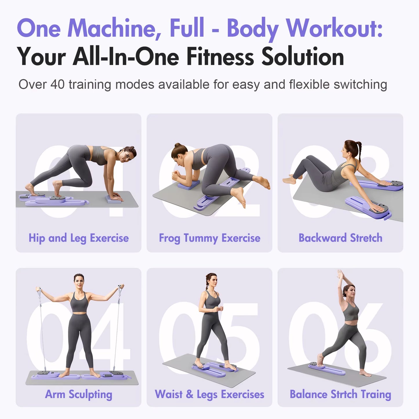 Pilates Reformer Board AB Portable Split Resistance Gym Equipment with Resistance Bands LCD Display Full Body Workout Machine