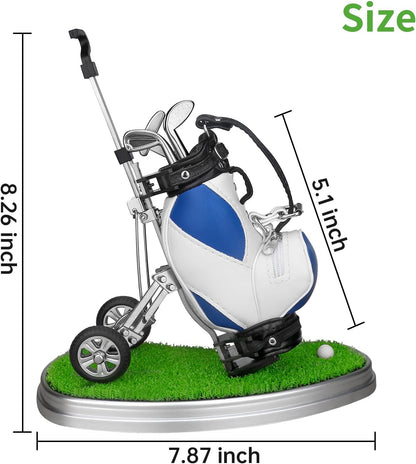 Golf Pen Holder 3 Club Pens & Movable Cart, Mini Golf Bag Desk Decor for Office, Funny Gifts for Men, Dad, Boss Stocking Stuffers for Golfers on Birthday, Christmas, Fathers Day (Blue)